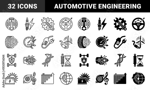 Black and white automotive engineering symbols merging mechanical car parts with digital data circuit lines and abstract conceptual metaphors