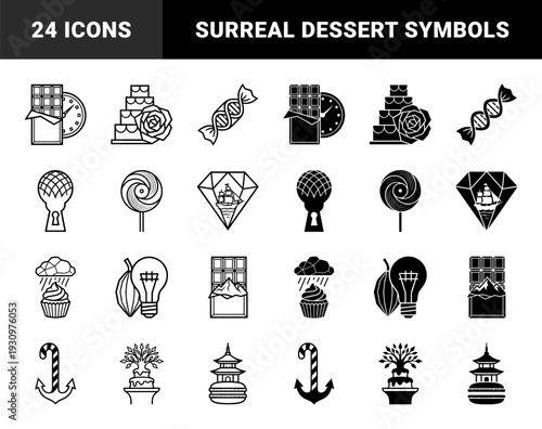 Hybrid surrealist dessert and nature symbols merging chocolate with clocks dna candy diamond ships and celestial cupcake weather elements in outline and solid style