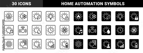 Monolinear hybrid smart home control symbols merging solar radiance with domestic automation elements for climate lighting and security management