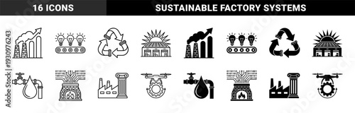Industrial evolution and sustainability icons featuring hybrid designs of factory chimneys with growth arrows solar panels on warehouses and drone gear mechanisms