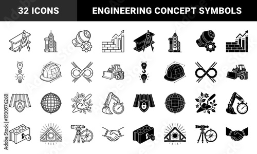 Construction and Engineering Hybrid Icons Featuring Industrial Tools Merged with Growth Charts Heavy Machinery Safety Gear and Architectural Symbols