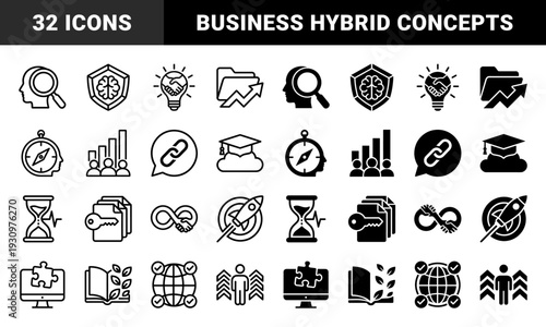 Hybrid conceptual business symbols merging brain shields with compass heads and lightbulb handshakes for strategic growth and mental protection