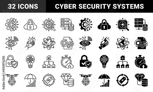 Hybrid technology and digital security icons featuring integrated circuit lightbulbs robotic hands with lightning and cloud storage padlocks