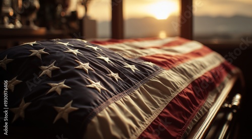 Sunset Tribute: American Flag Draped Over Casket in Reflection and Honor