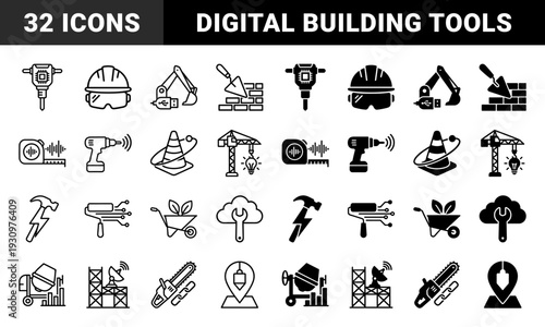 Hybrid construction tools merging heavy machinery with digital technology symbols including smart jackhammers usb excavators and cloud storage wrenches