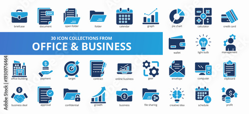 Set of 30 collection of office and business icons suitable for web and mobile application. Set of glyph blue style icons with briefcase, document, open folder, folder, and more icons.