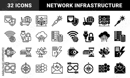 Hybrid Network Infrastructure and Data Security Icons Featuring Integrated Symbols of Fiber Optics Artificial Intelligence Cloud Computing and Server Maintenance
