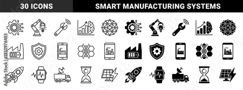 Industrial technology and future innovation hybrid icons featuring smart manufacturing factory systems robotic automation and green energy solutions