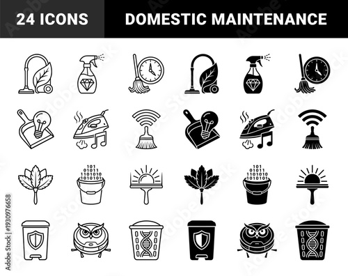 Household cleaning and maintenance icons merging domestic tools with conceptual symbols like binary code DNA strands and celestial constellations