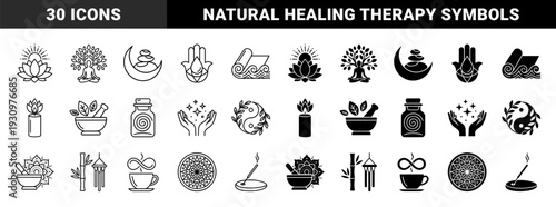 Mindfulness and wellness hybrid symbol collection featuring lotus sun fusion zen stone moon integration and herbal medicine mandala combinations