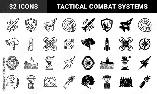 Military defense hybrid icons featuring tactical missile systems radar surveillance aircraft stealth technology and advanced cyber warfare combat symbols