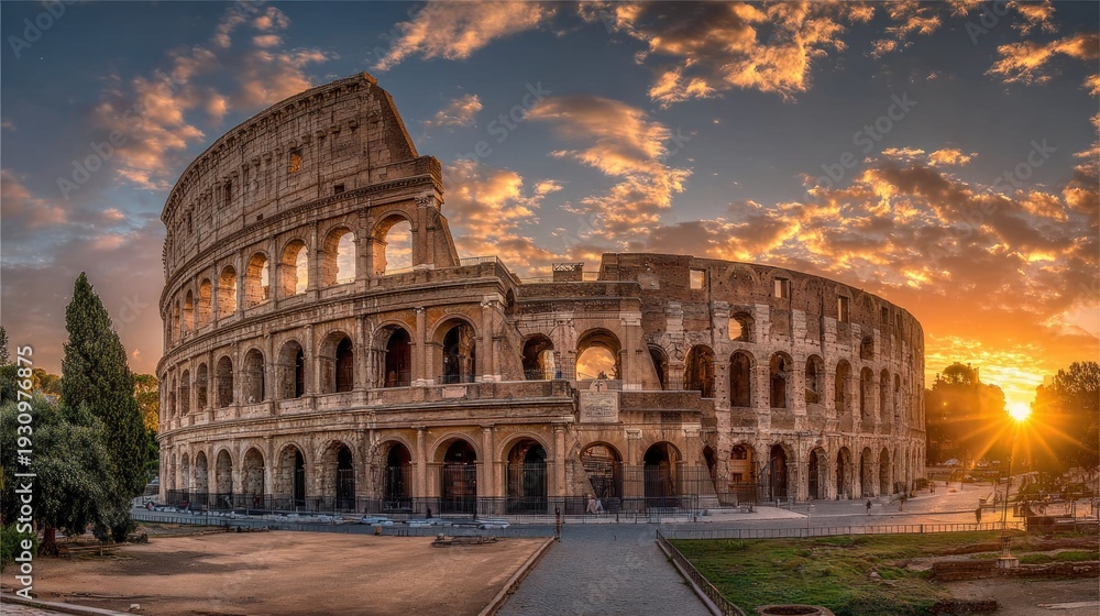 Naklejka premium Colosseum at sunset ancient architecture and dramatic sky