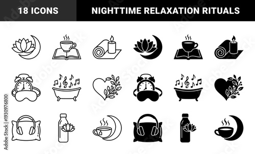 Minimalist Wellness and Sleep Hygiene Icons Featuring Hybrid Designs of Lotus Moon Combinations Relaxing Bathtubs and Bedtime Ritual Symbols