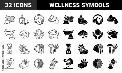 Wellness and Mindfulness Hybrid Icons Featuring Zen Stones with Lanterns Lotus Candles and Celestial Yoga Mats in Linear and Solid Styles