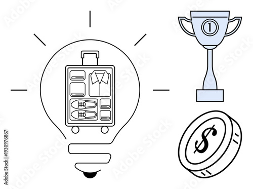 Travel concept. Travel ed by a suitcase, trophy, and coin highlighting efficient packing, goal achievement, and financial management. Travel preparation, career success, strategy tourism savings