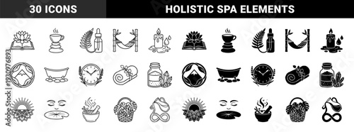 Collection of holistic wellness and spa hybrid symbols combining lotus books candle clocks and botanical elements in outline and solid styles