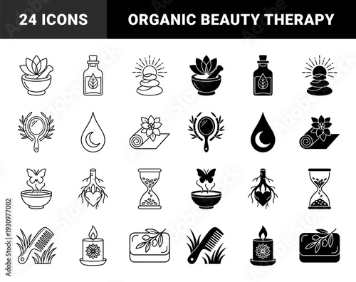 Wellness and holistic beauty hybrid line icons merging organic elements with self care symbols like mortar pestle lotus and herbal oil bottles