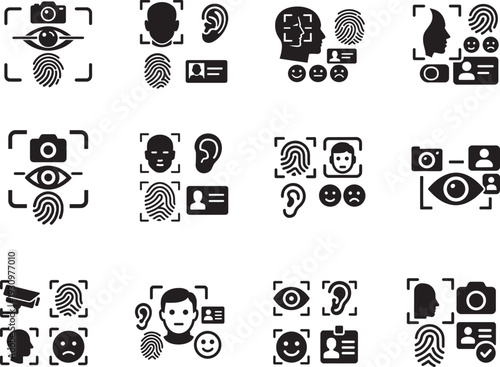 Face recognition biometric icons set with camera, fingerprint, eye scan, ID isolated vector.