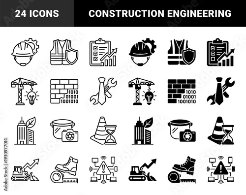 Construction and Civil Engineering Infrastructure Development Icons Featuring Hybrid Symbols of Safety Equipment Building Materials and Project Management Analytics