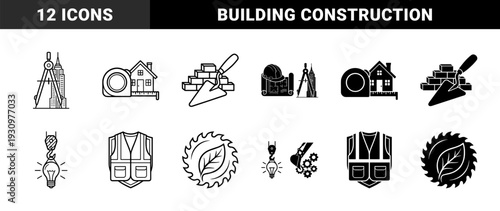 Construction and architecture hybrid symbols merging blueprints with drafting tools building machinery with lightbulbs and sustainable energy with saw blades