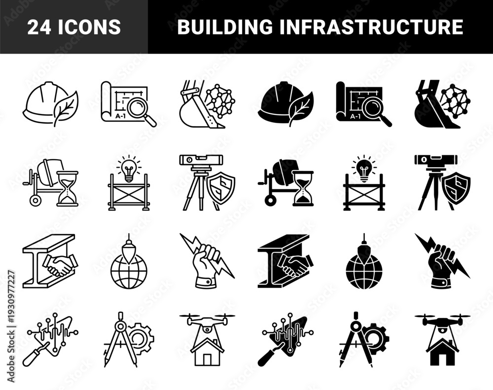 Obraz premium Construction and Engineering Hybrid Icons Featuring Sustainable Building Tools Infrastructure Planning and Smart Architectural Development Symbols in Dual Line and Solid Styles