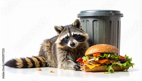 A curious raccoon lies beside a green garbage can and a vibrant hamburger on a clean white studio background looking directly at the viewer.