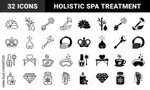 Wellness and holistic spa therapy symbols featuring hybrid designs of lotus flowers zen stones essential oil diffusers and reflexology charts in linear and solid styles