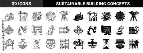 Construction and Civil Engineering Hybrid Icons Featuring Building Equipment Merged With Growth Charts Green Energy Solutions and Infrastructure Concepts