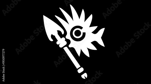 A stark white design on black, featuring a stylized spear held beside a sunburst shape with a circle in the center