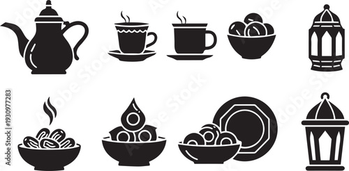 Ramadan Iftar Food And Lantern Icon Vector Set