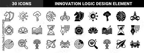 Hybrid conceptual symbol collection featuring merged metaphors like hourglass rocket ship and dna tree for strategic growth and innovation