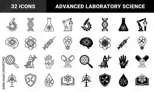 Biotechnology and advanced science hybrid icons featuring dna strands with circuitry laboratory equipment and robotic automation elements in dual stroke and solid styles