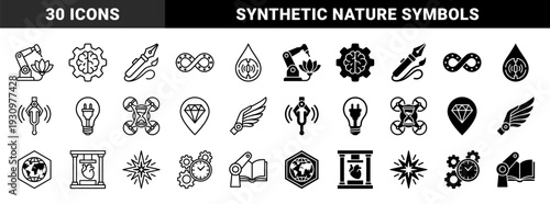 Hybrid conceptual symbols merging robotic arms with lotus flowers and books alongside mechanical gears integrated with human brains and hourglasses in dual line and solid styles