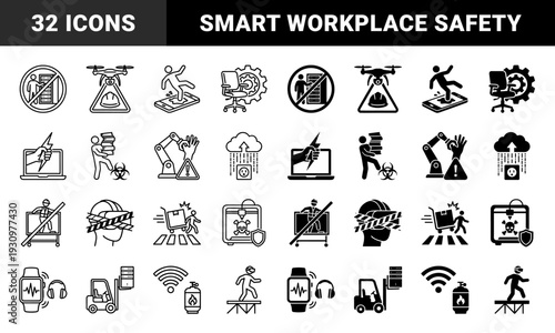 Hybrid industrial safety and digital technology sign set featuring integrated hazard symbols with cloud computing robotics and smart wearable monitoring devices