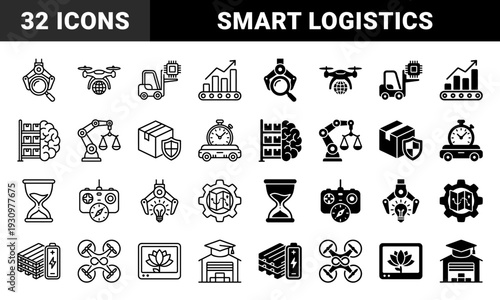 Smart Logistics and Industrial Automation Icons Featuring Hybrid Designs of Robotic Arms Drones Forklifts and Artificial Intelligence Symbols