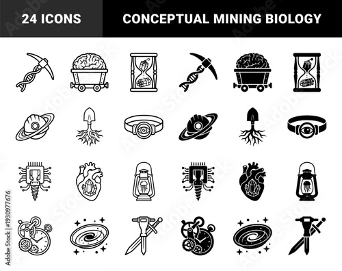 Black and white hybrid symbols merging industrial mining equipment with organic biological elements and surreal metaphysical concepts in a minimal linear and solid style