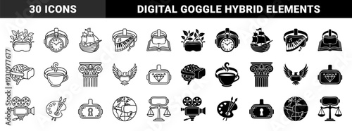 Hybrid virtual reality headset symbols merging digital goggles with organic nature music education law and classical architecture elements