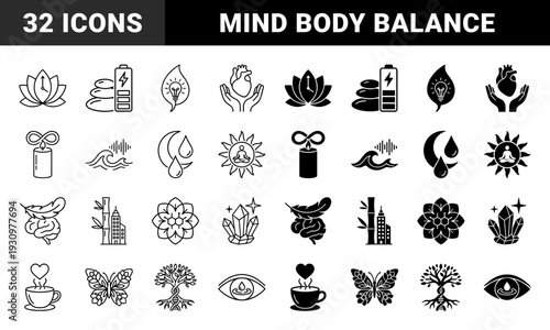 Hybrid wellness icons merging nature and health: lotus clock battery stone lightbulb heart infinity candle wave moon sun meditation brain bamboo building flower crystal coffee butterfly dna tree
