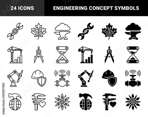 Engineering and industrial fabrication hybrid symbols merging tools with organic and technical elements in paired line and solid styles