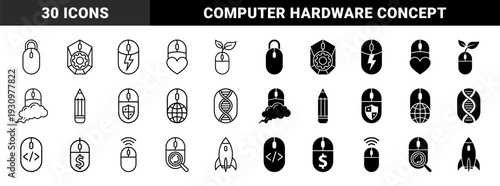Hybrid computer mouse icons merging technology with symbols for growth medicine finance security and global connectivity in line and solid styles