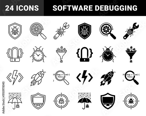 Software debugging and cybersecurity hybrid symbol collection featuring insect bug motifs merged with programming code brackets shield and magnifying glass elements