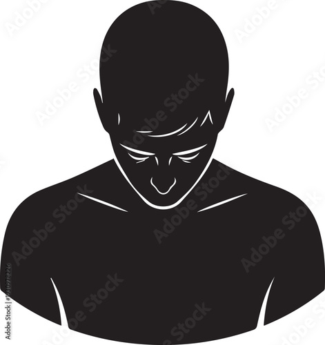 Man with downcast eyes in minimalist black silhouette
