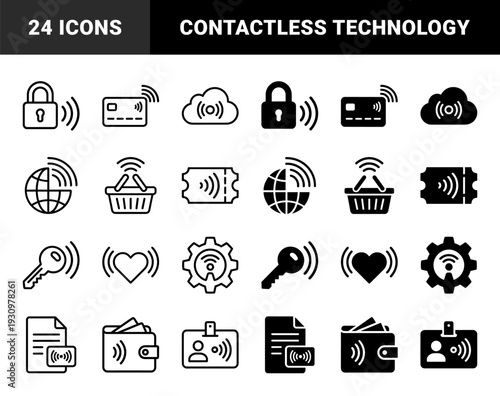 Contactless technology symbols merging everyday objects with wireless signals featuring linear and solid versions of credit cards wallets and security locks