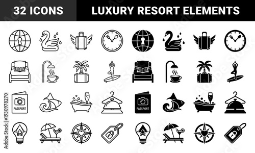 Hybrid travel and luxury hospitality signs featuring creative combinations like globe keyholes swan towels and suitcase wings in outline and glyph styles