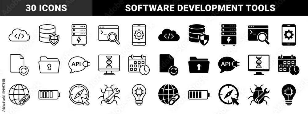 Fototapeta premium Hybrid digital infrastructure and software development symbols featuring cloud coding database protection and system monitoring in outline and solid styles
