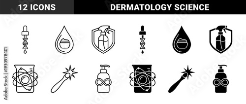 Scientific Skincare and Cosmetic Chemistry Symbols Featuring DNA Pipettes Laboratory Beakers and Infinity Lotion Bottles in Outline and Solid Styles