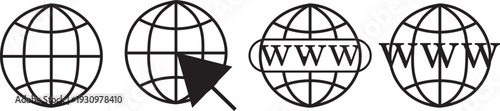 Globe icons set, WWW world wide web set site symbol. Internet and world wide web globe icons