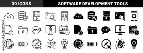 Hybrid digital infrastructure and software development symbols featuring cloud coding database protection and system monitoring in outline and solid styles