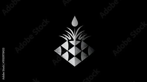 Stylized grayscale illustration of a geometric plant, with drop above and diamond shapes
