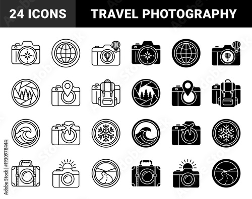 Travel photography hybrid symbols merging camera bodies with destination elements like compass globe mountain wave airplane and adventure gear in line and solid styles